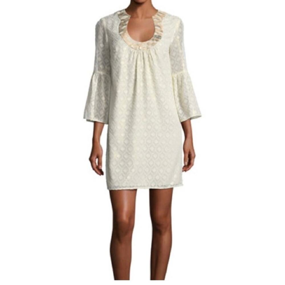 TRINA TURK Bonita Bell Sleeve Dress Gold Whitewash Ivory Cream Metallic sz 8